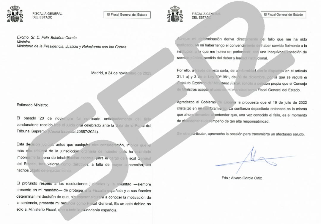 La carta con la que el fiscal general del Estado pide su cese.
