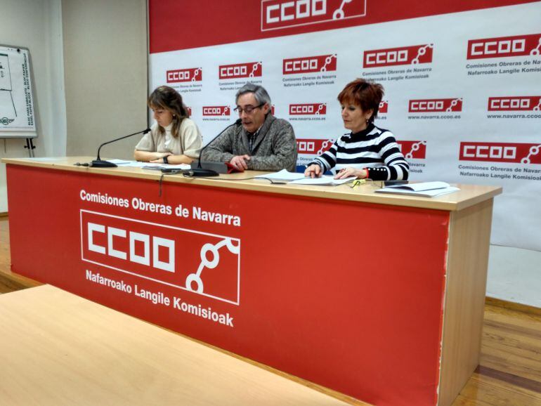 Cecilio Aperte, junto a Pilar García y Carmen Pueyo, dirigentes de CCOO.