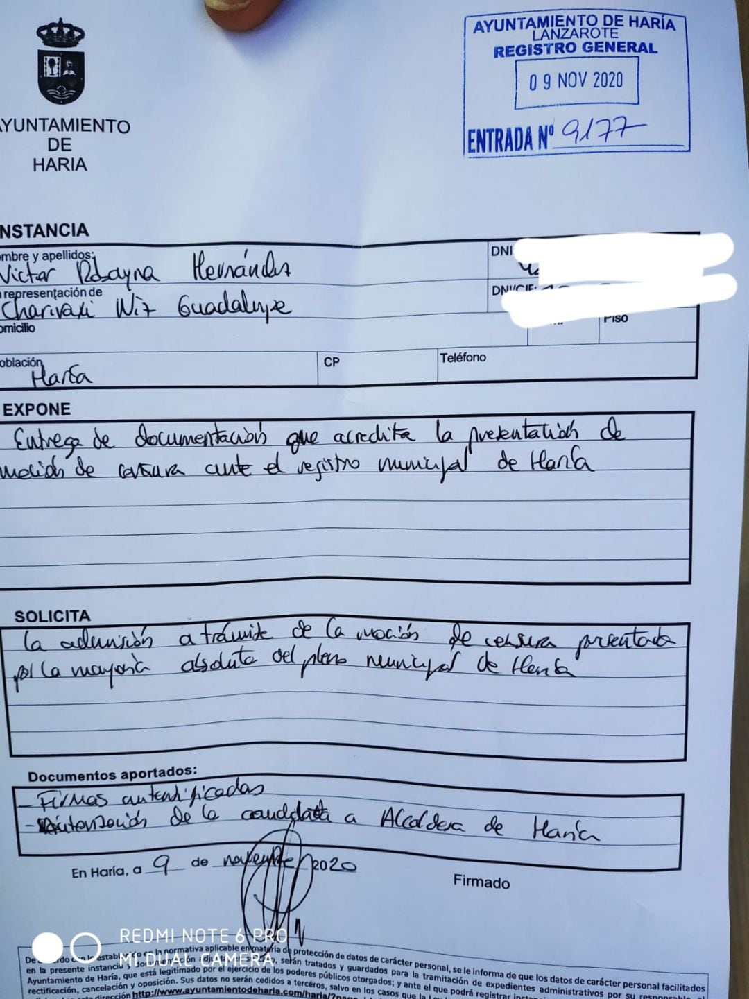 Los concejales de CC y de la PMH han registrado este lunes 9 de noviembre, una moción de censura contra el alcalde de Haría, Alfredo Villalba.