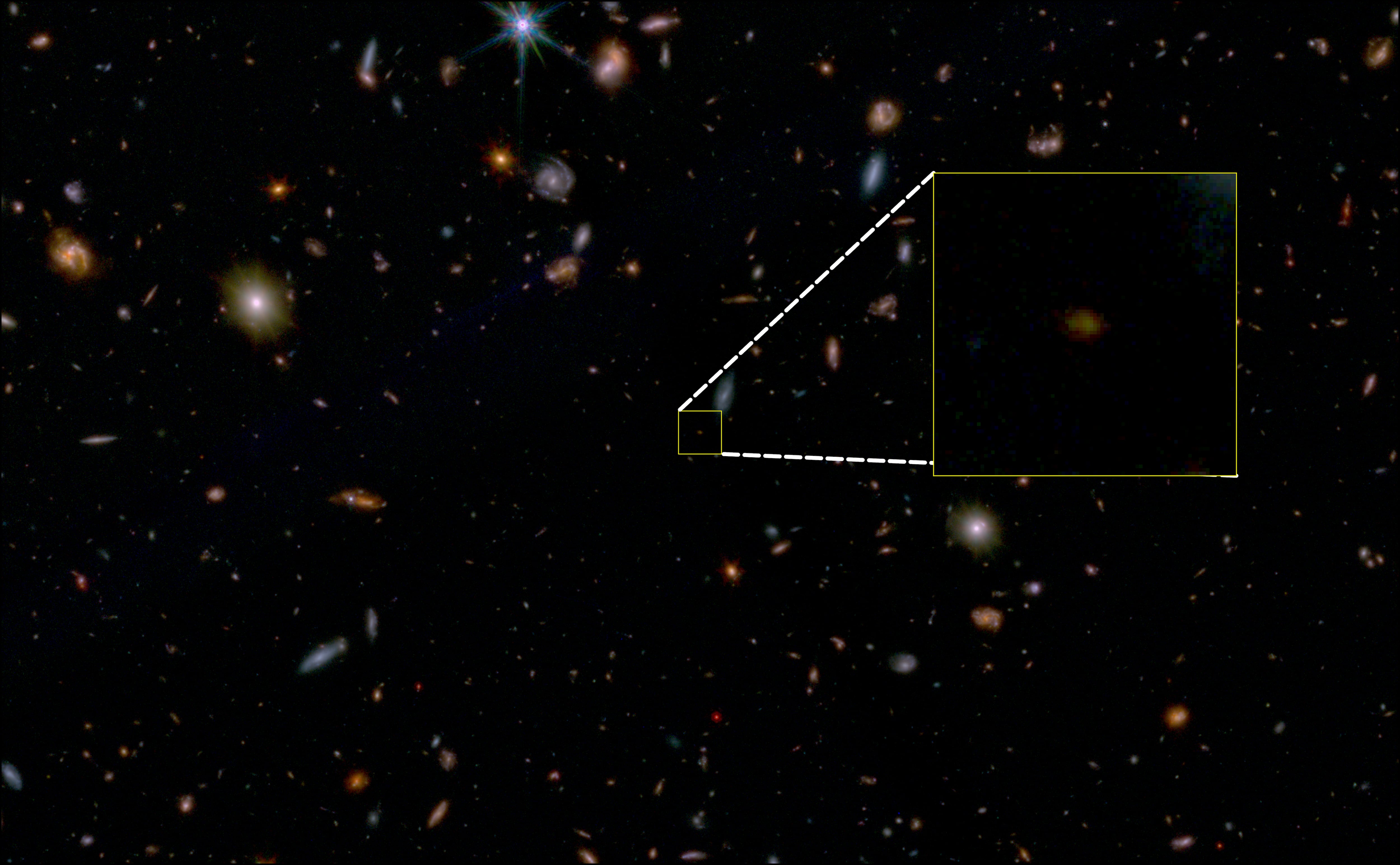 Imagen del telescopio James Webb donde se muestra la galaxia &quot;muerta&quot; más antigua del universo conocido.ente rara.