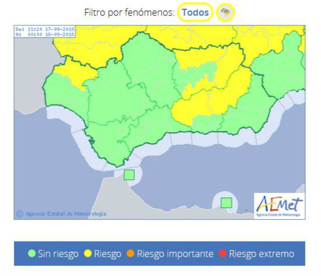 Mapa alerta amarilla hoy en Jaén