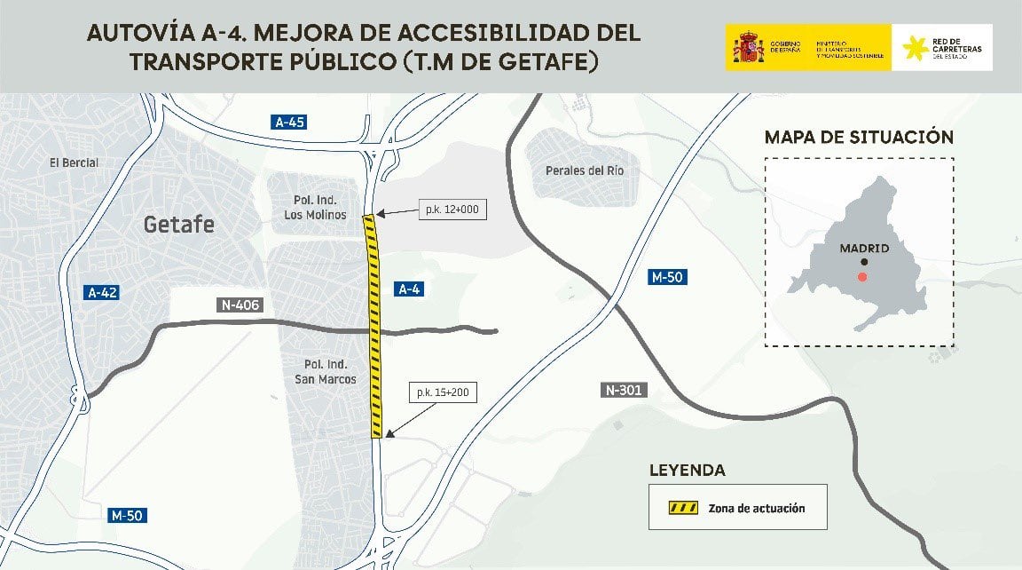 Las mejoras previstas en la A-4 cambiarán los accesos a zonas industriales de Getafe para una mayor seguridad y rapidez del transporte público