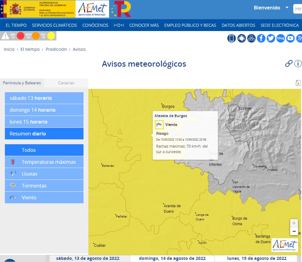 Alerta de la AEMET por fuerte viento