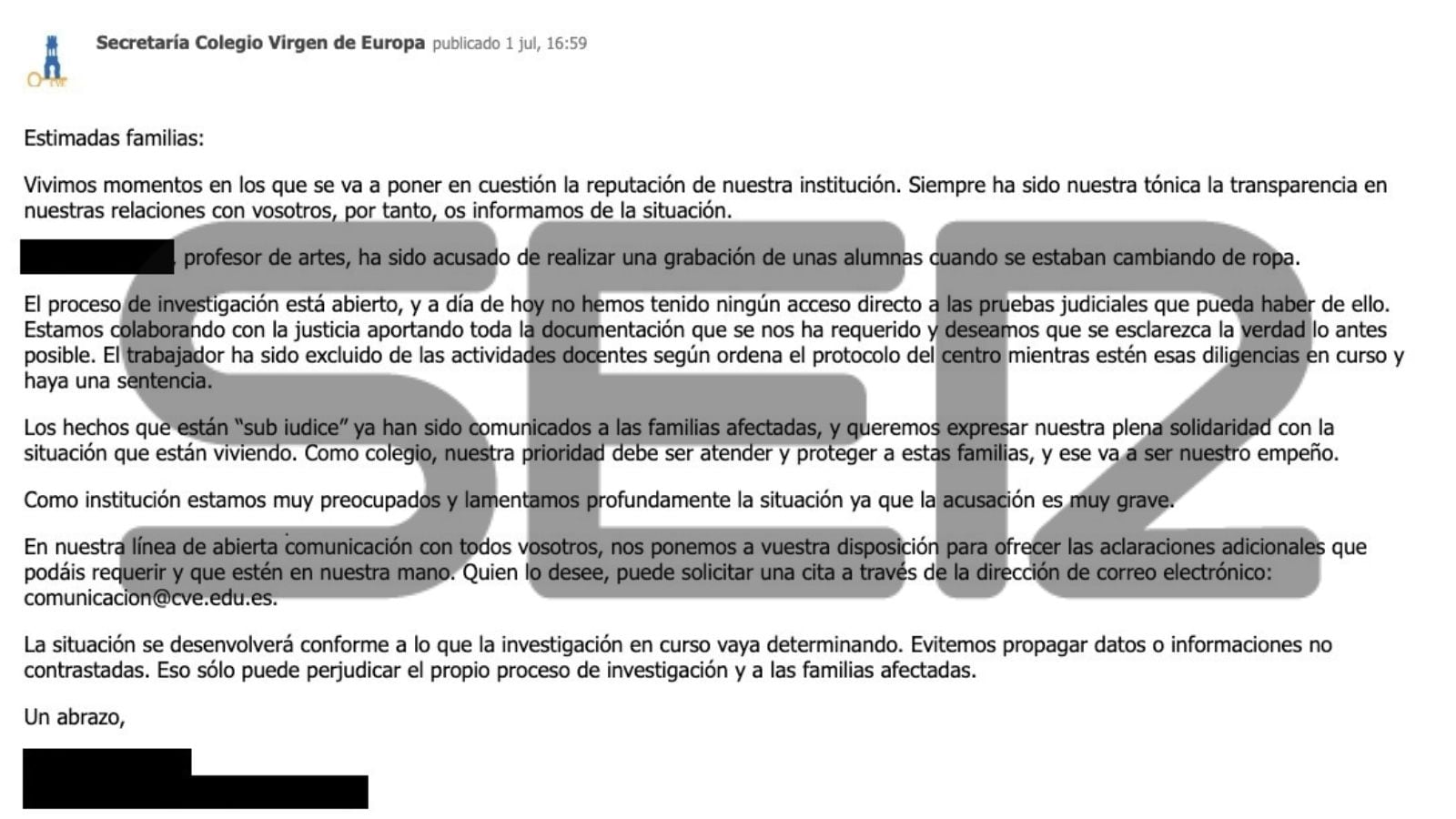 Captura del correo electrónico remitido por la dirección del centro a las familias