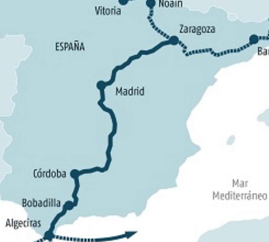 Mapa de la futura Autopista Ferroviaria entre Algeciras, Córdoba, Madrid y Zaragoza 