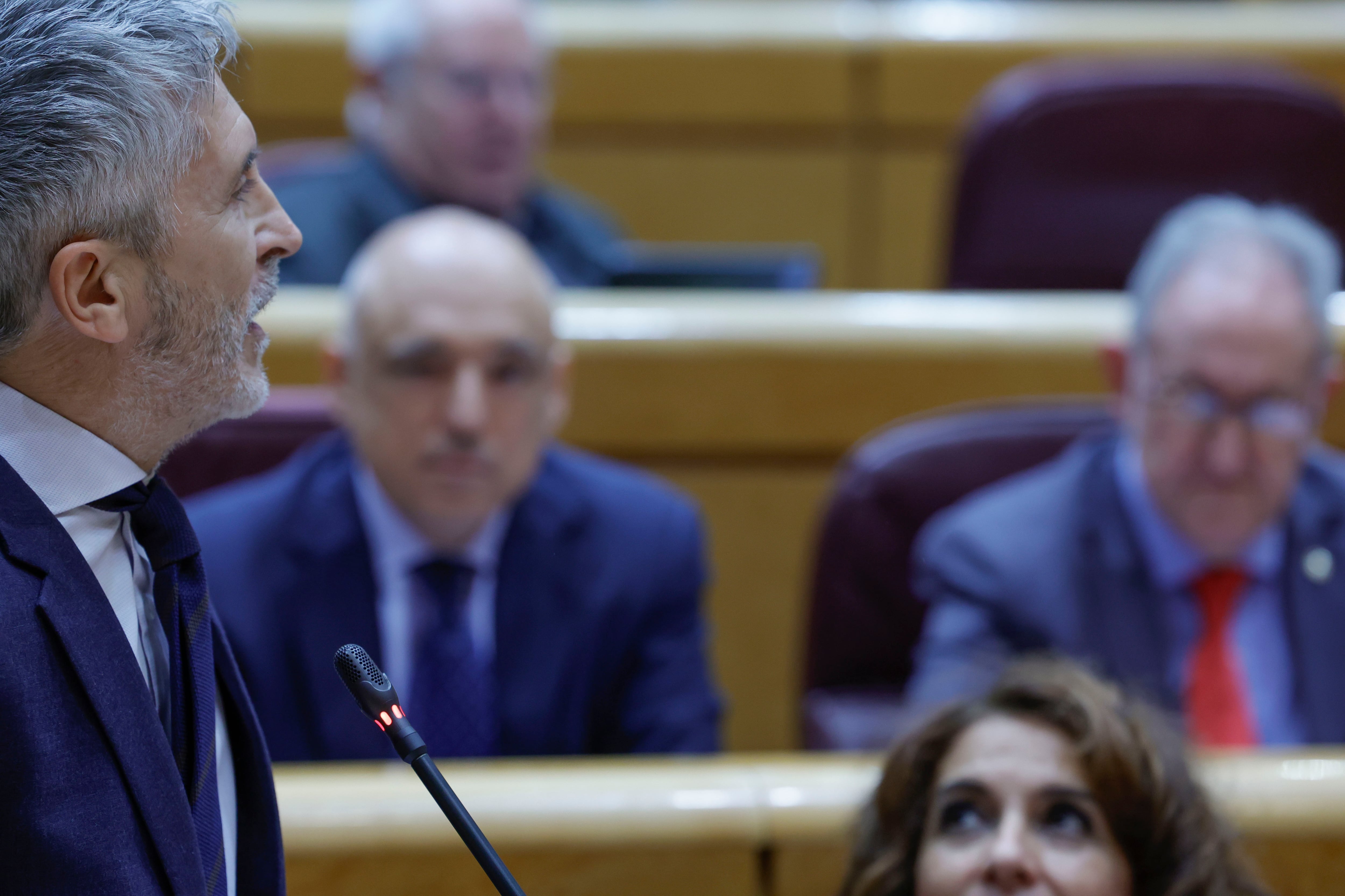 El ministro del Interior, Fernando Grande-Marlaska, interviene en la sesión de control al Gobierno, este martes en el Senado. EFE/ Zipi