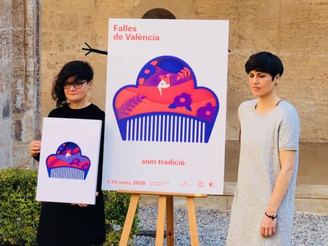 Cartel de la Fallas 2018 "Som Tradició" con las diseñadoras de Yinsen Studios