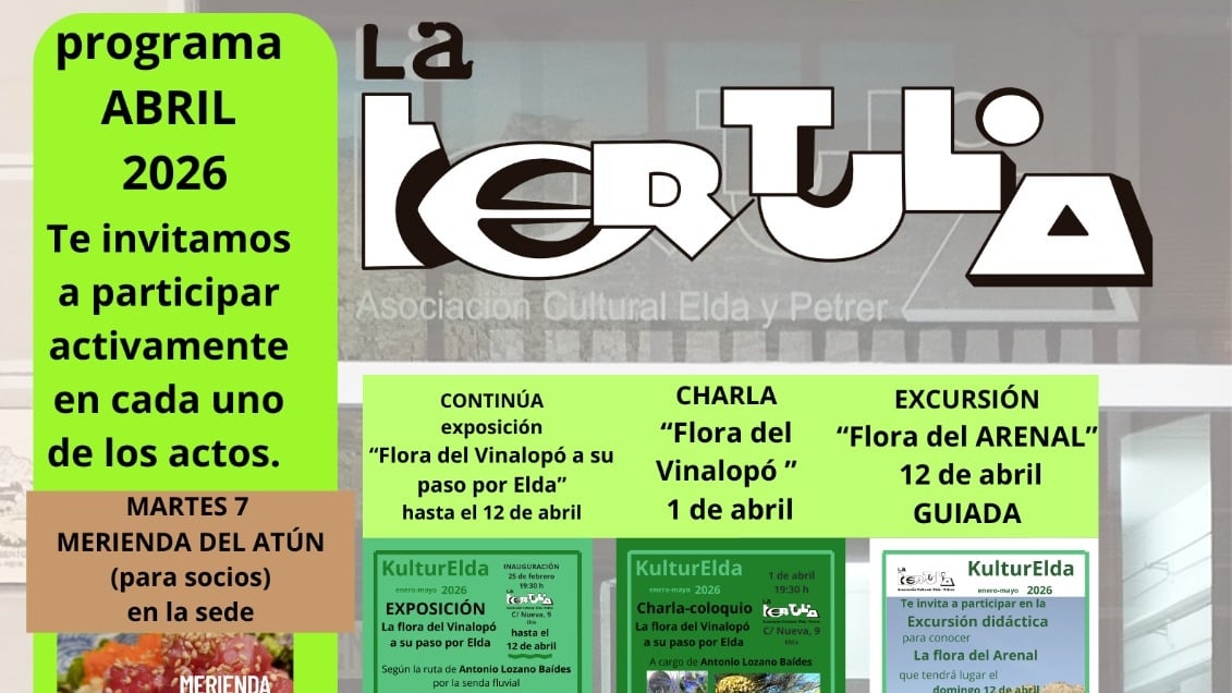 Entre las propuestas destacan actividades como exposiciones vinculadas al entorno natural del Vinalopó o charlas divulgativas que conectan cultura y territorio.