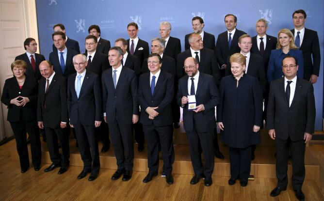 El presidente del Gobierno, Mariano Rajoy; el primer ministro italiano, Mario Monti; el presidente de la Comisión Europea, José Manuel Durao Barroso, el presidente del Consejo Europeo, Herman Van Rompuy ; la canciller de Alemania, Ángela Merkel, y preside