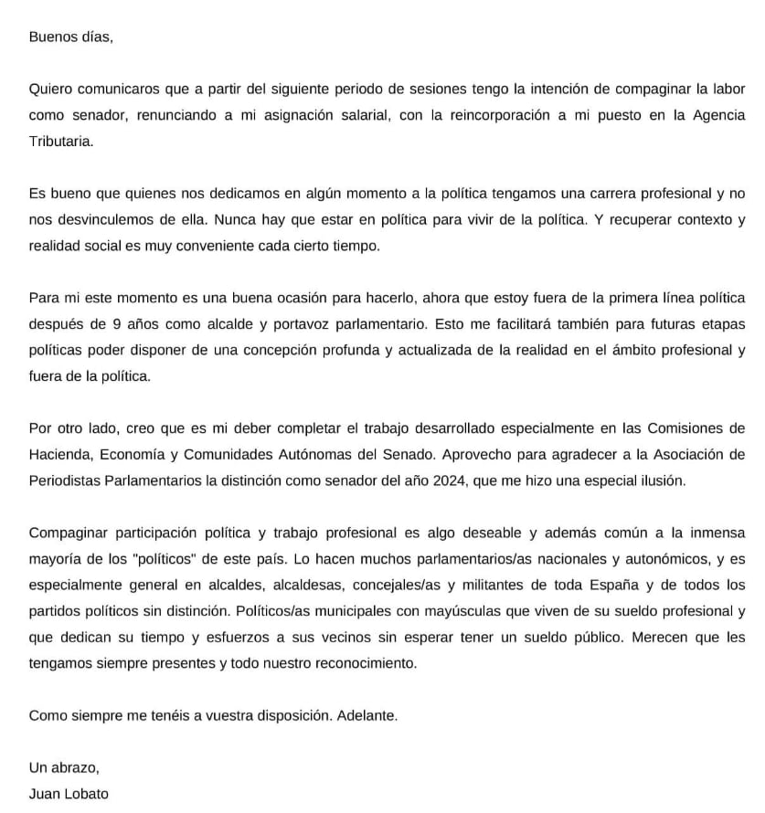 Comunicado de Juan Lobato.