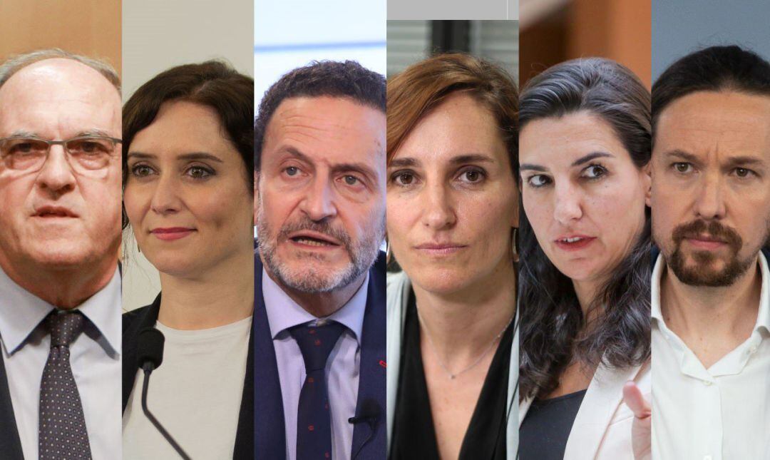 Candidatos para las elecciones a la Comunidad de Madrid 2021. De izquierda a dercha: Ángel Gabilondo (PSOE), Isabel Díaz Ayuso (PP) Edmundo Bal (Ciudadanos) Mónica García (Más Madrid), Rocío Monasterio (Vox) y Pablo Iglesias (Podemos) 
 