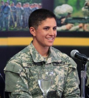 U.S. Army Capt. Kristen Griest of Orange, Connecticut, speaks with reporters on Thursday, at Fort Benning, Ga., where she is scheduled to graduate Friday from the Army’s elite Ranger School. Mike Haskey / Ledger-Enquirer via AP