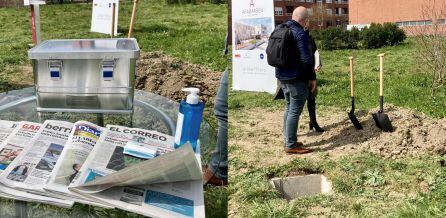 Los periódicos, la mascarilla y un plano de la residencia han sido introducidos en un espacio subterráneo como símbolo del acto de presentación