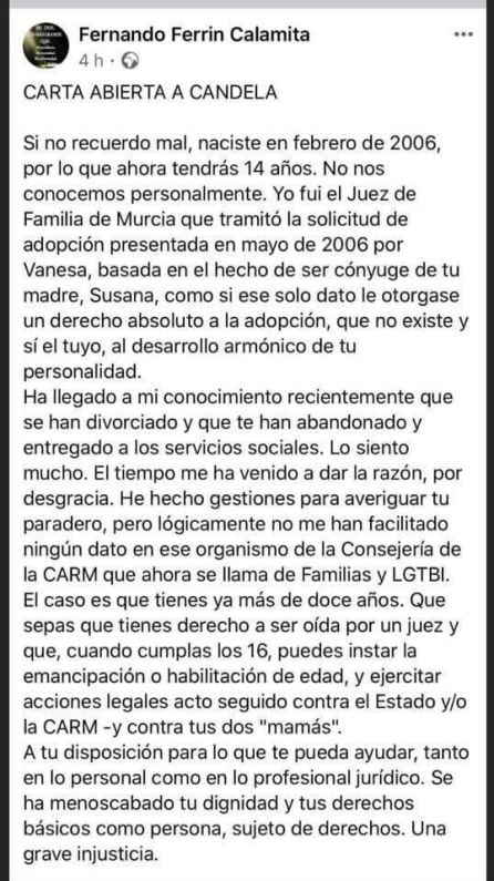 Pantallazo del post publicado por el propio magistrado Ferrín Calamita en su perfil en la red social Facebokk y que horas después fue eliminado