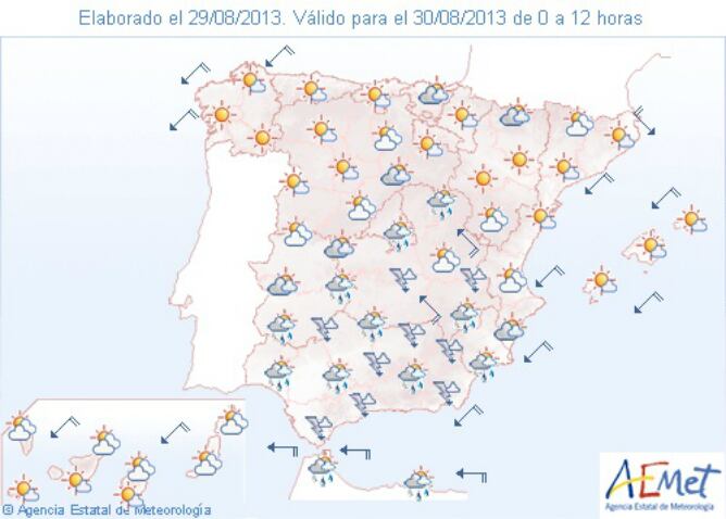 Mapa del tiempo del 30 de agosto 2013. La gota fría persiste en el sur penínsular