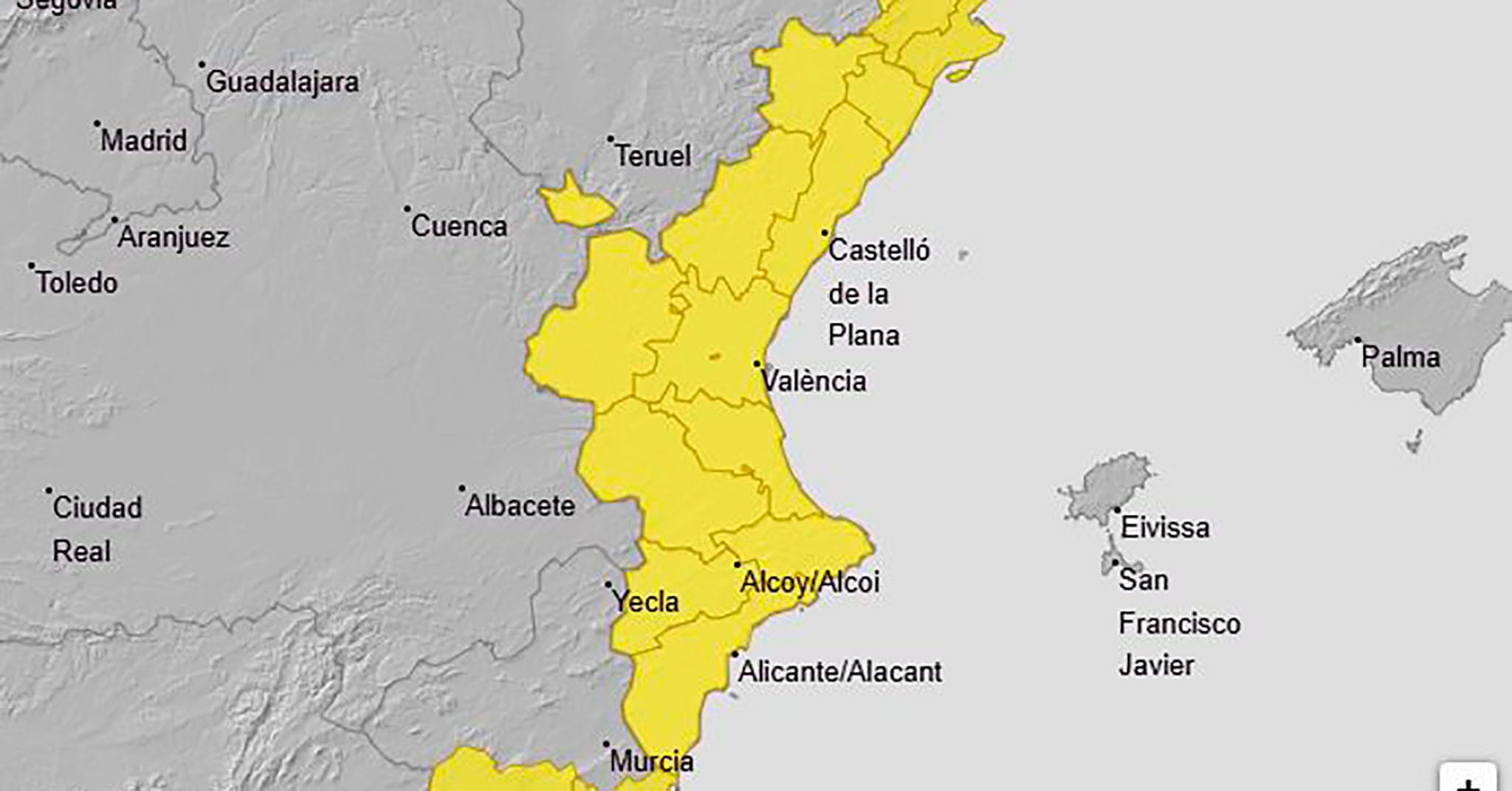 Mapa de avisos de la AEMET el martes 16 de diciembre de 2025 en la Comunitat Valenciana