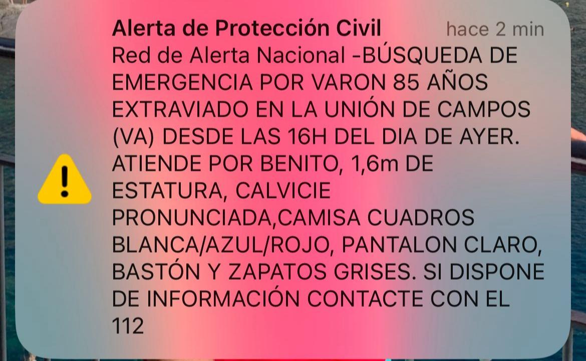 Alerta recibida en los móviles de la zona de la Unión de Campos para alertar de la desaparición de un vecino