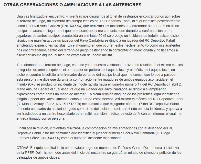 Acta arbitral realizada por el colegiado del encuentro entre el Deportivo Fabril y el Rayo Cantabria