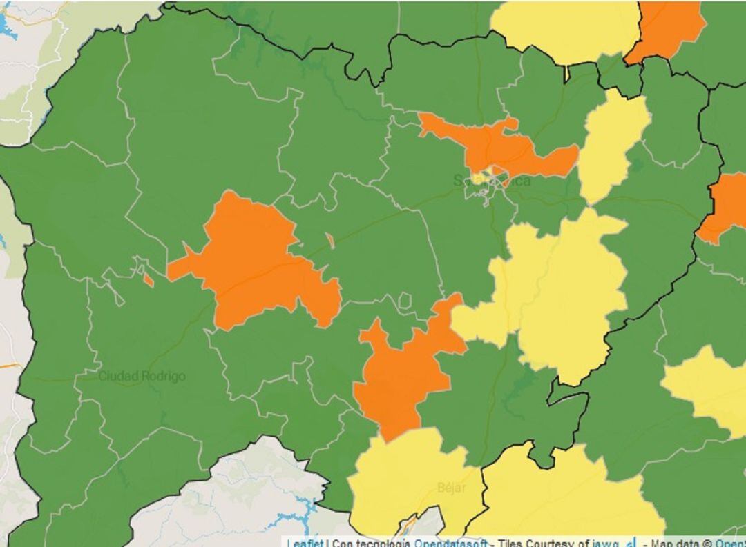 Mapa de incidencia del coronavirus en Salamanca.