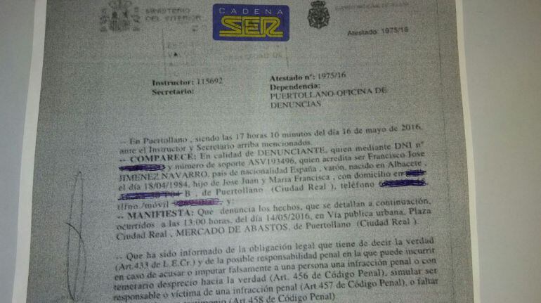 Copia de la denuncia interpuesta por Francisco Jiménez contra dos militantes de Podemos