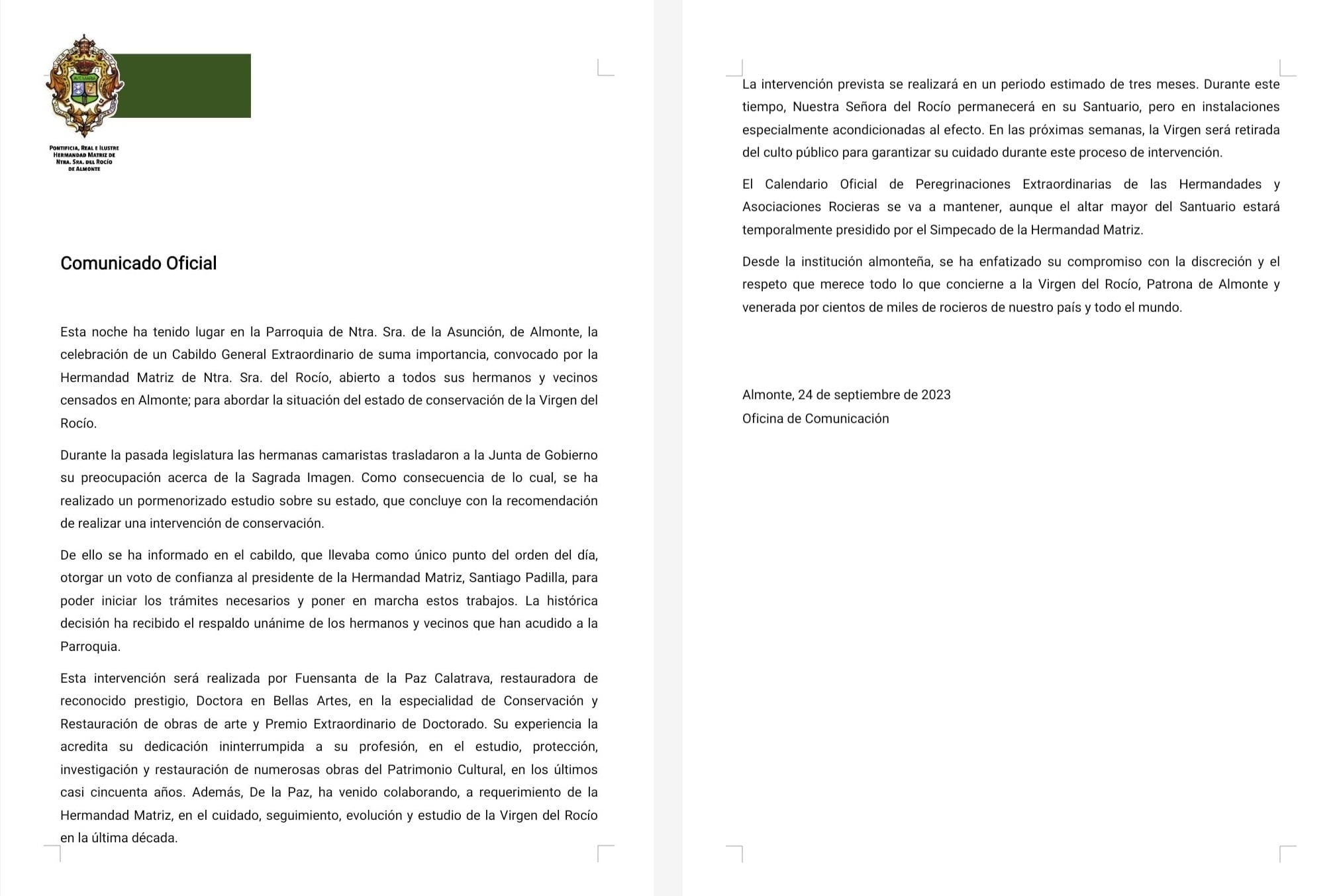 Comunicado de la Hermandad Matriz del Rocío de Almonte sobre la inminente restauración de la Blanca Paloma