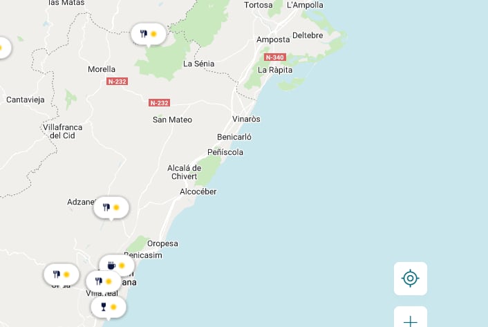 Mapa de locales galardonados con &#039;Soletes&#039; en Castellón. Fuente: Guía Repsol