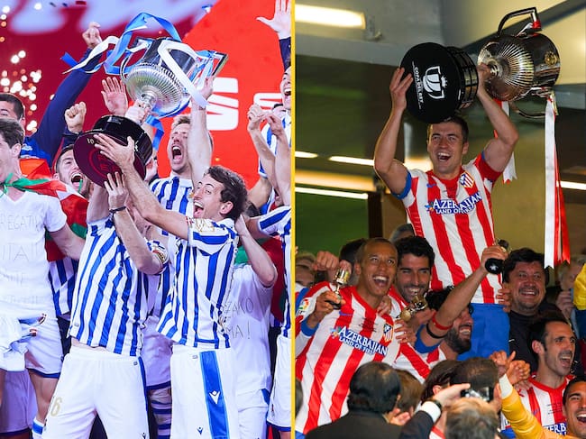 Mikel Oyarzabal, en 2021 en La Cartuja y Gabi Fernández, en 2013 en el Santiago Bernabéu, levantando la Copa del Rey / Getty