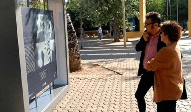 Blanca Berlín, comisaria de la muestra, y José Luis Cienfuegos, director del Sevilla festival de Cine Europeo, contemplan uno de los paneles de la exposición