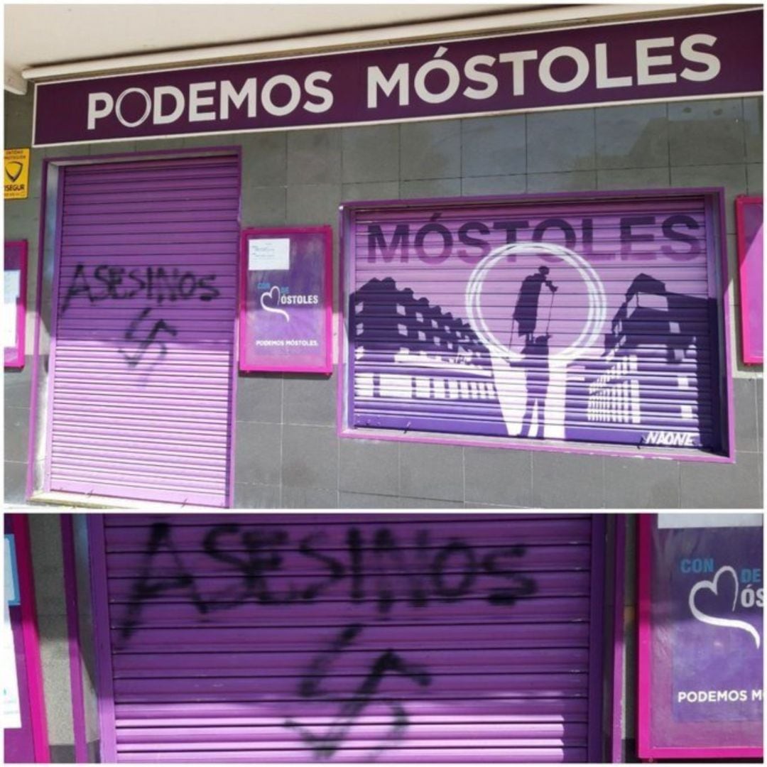 Fachada de la sede de Podemos en Móstoles con las pintadas