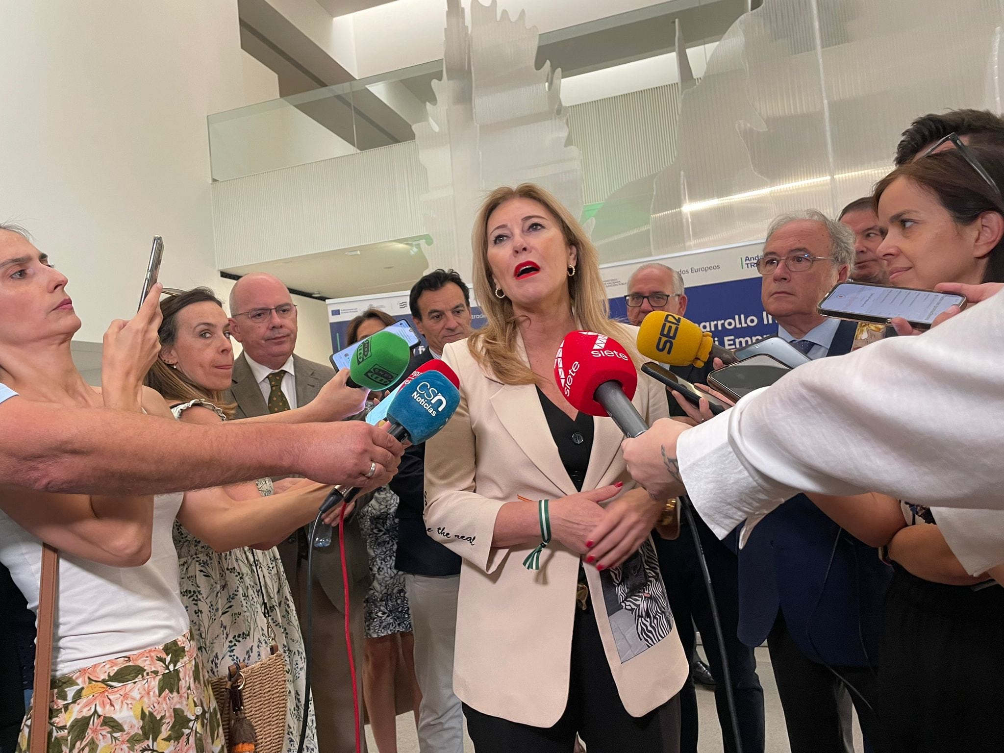 La consejera de Economía, Hacienda y Fondos Europeos y presidenta de Andalucía TRADE, Carolina España, atiende a los medios en Jaén.