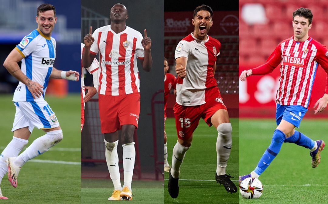 Jose Arnaiz del Leganés, Umar Sadiq del Almería, Juanpe Ramírez del Girona, y Nacho Mendez del Sporting de Gijón.  