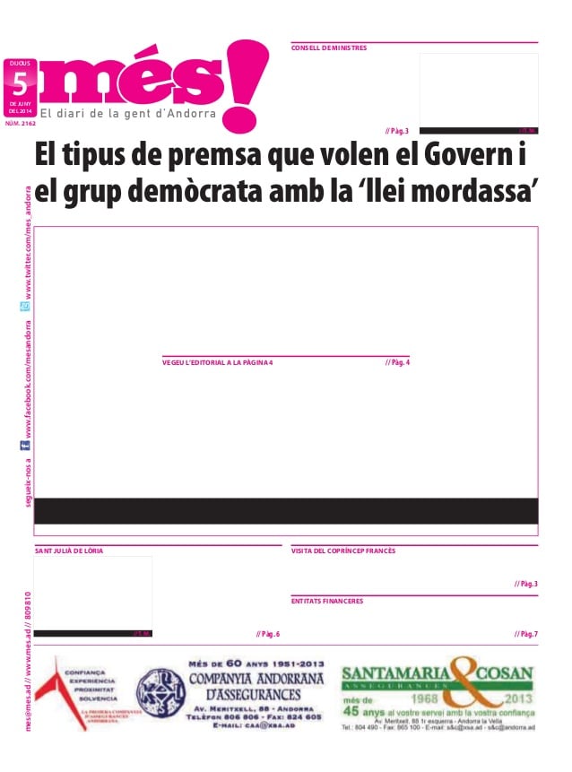 Portada del diari Mes Andorra, en blanc