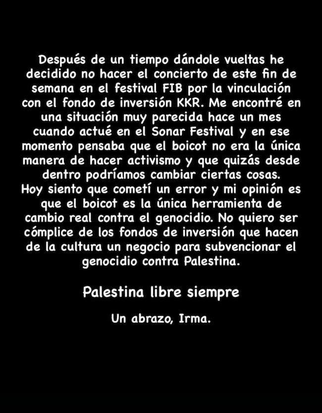 Historia de Instagram compartida por Mushkaa sobre su baja en el FIB 2025