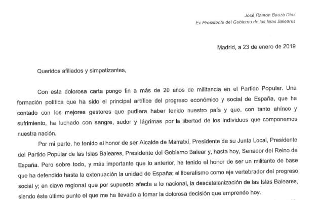 La carta que Bauzá ha enviado a los medios.