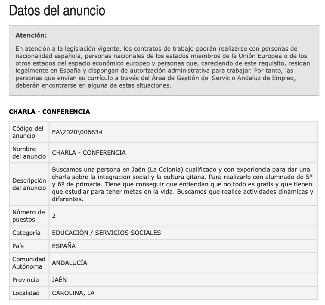 Oferta de trabajo en el Servicio Andaluz de Empleo. 