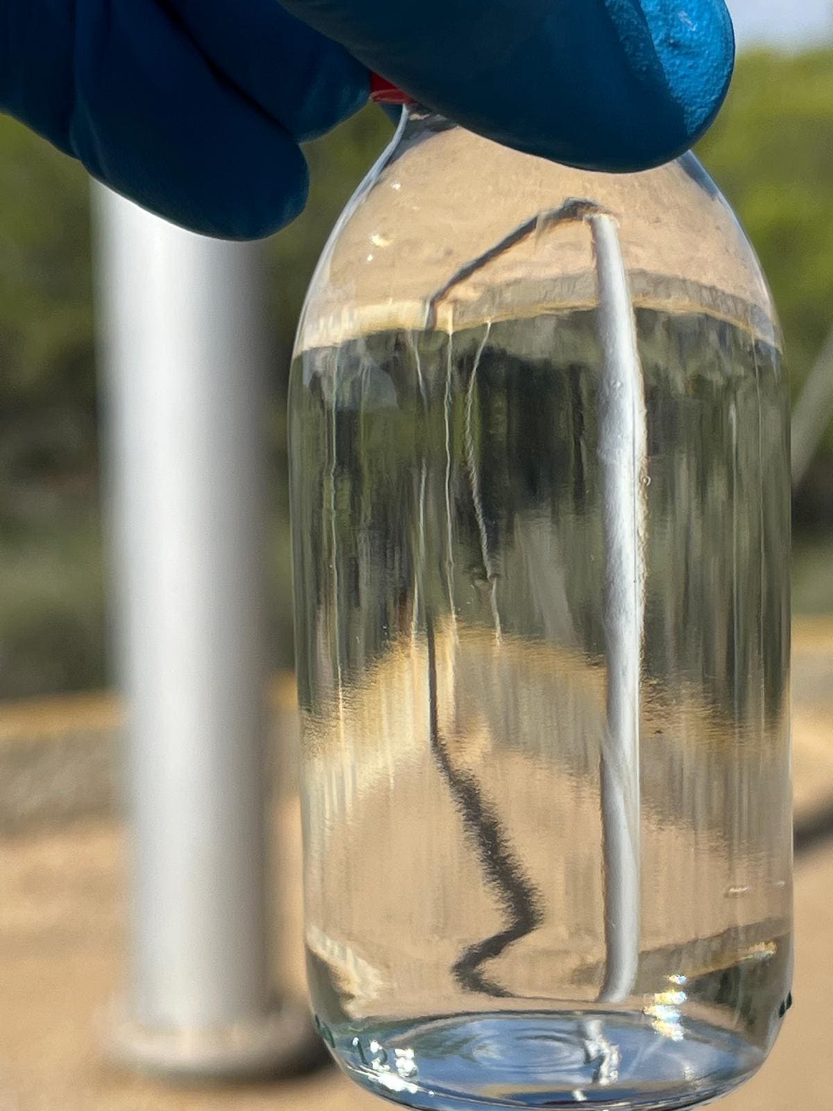 Muestra de agua tomada en un tramo del canal de la MCT tras la finalización de los trabajos de limpieza y desinfección del mismo