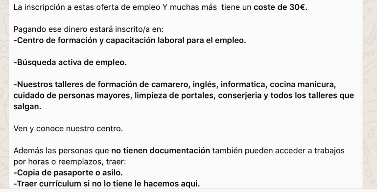 Captura de la oferta de trabajo difundida a través de Whassap