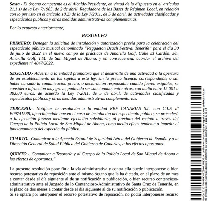 Fragmento de la notificación enviada por el ayuntamiento a los promotores del Reggaeton Beach Festival 2022