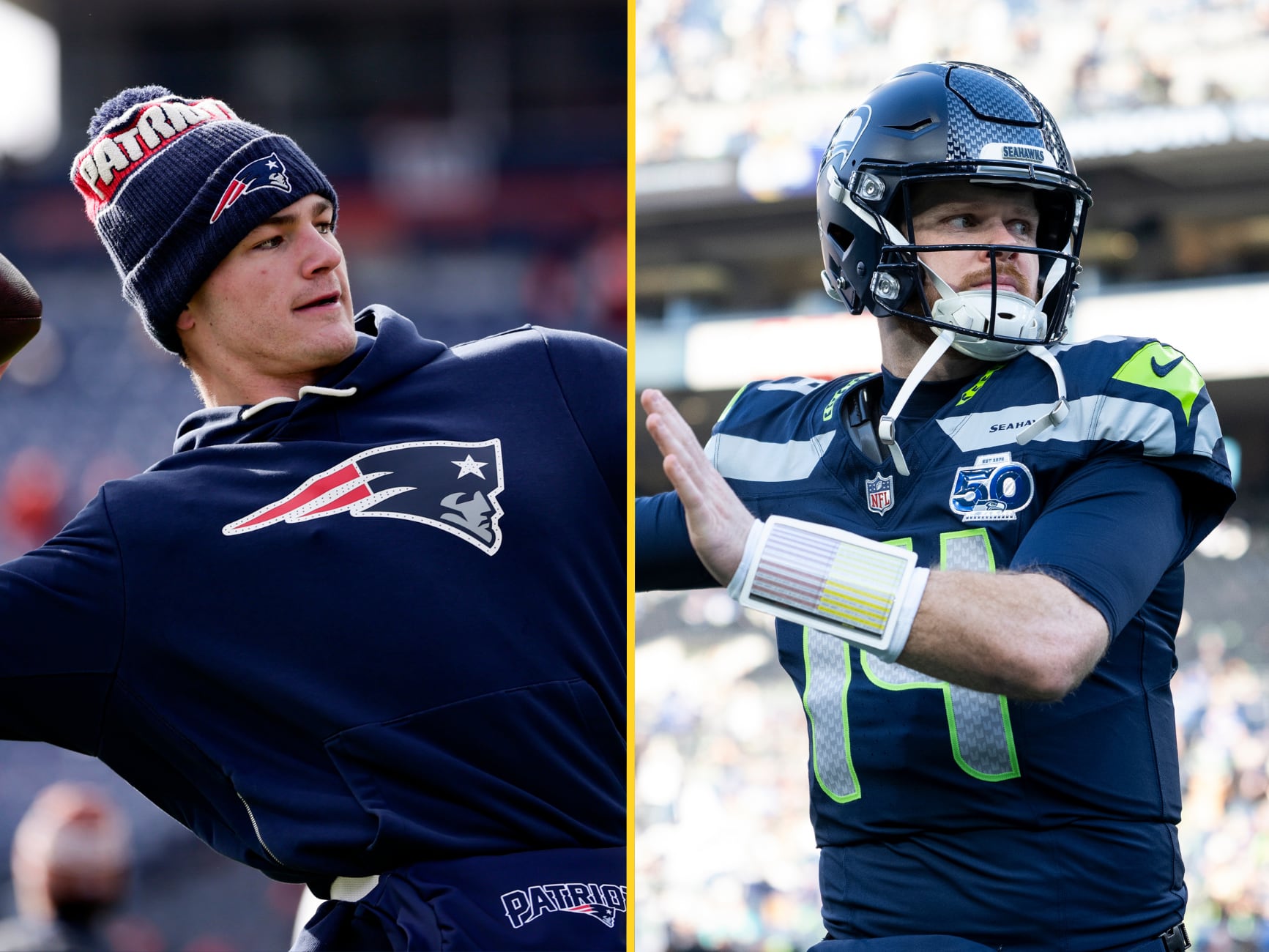 En un montaje, Drake Maye, quarterback de los Patriots, junto a Sam Darnold, quarterback de los Seahakws