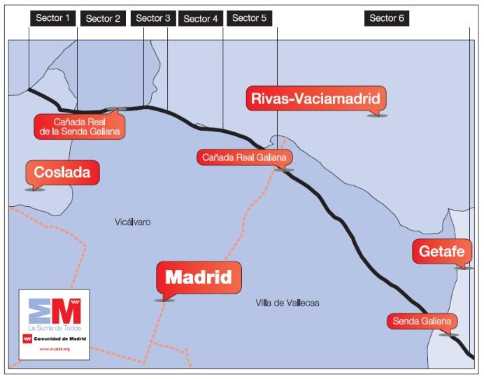 Mapa de la Cañada Real y su división por zonas