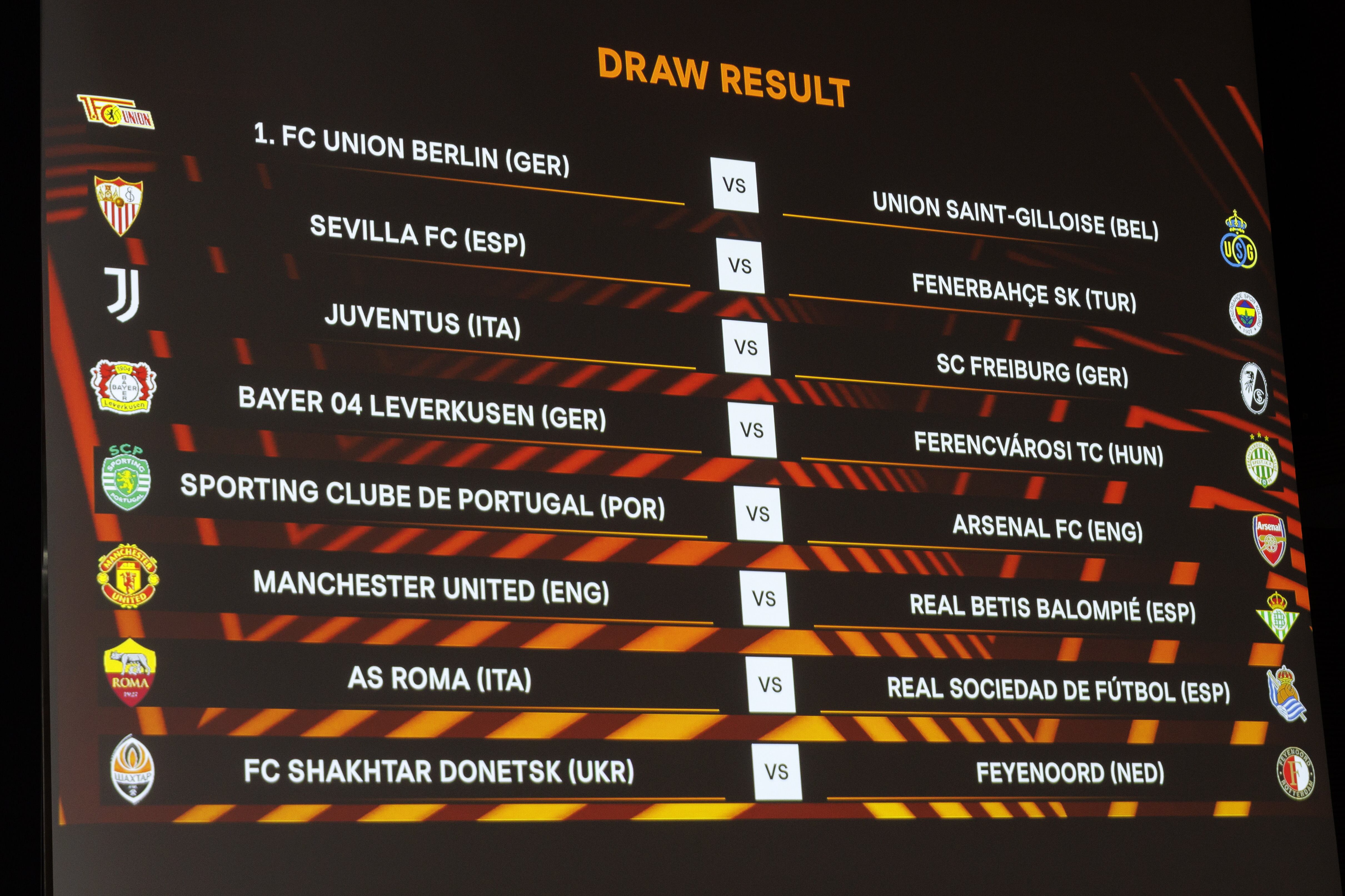 Nyon (Switzerland), 24/02/2023.- The fixtures are shown on an electronic panel after during the UEFA Europa League 2022/23 round of 16 draw at the UEFA headquarters in Nyon, Switzerland, 24 February 2023. (Suiza) EFE/EPA/SALVATORE DI NOLFI