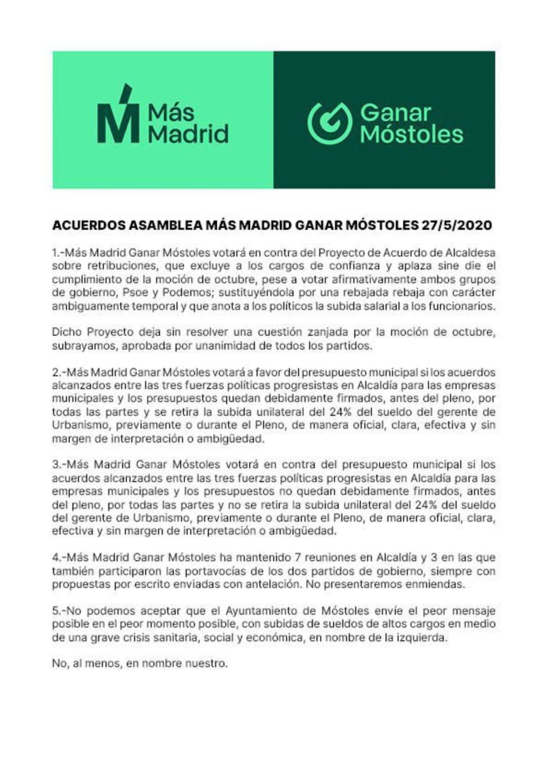 Acuerdos de la Asamblea de Más Madrid Ganar Móstoles