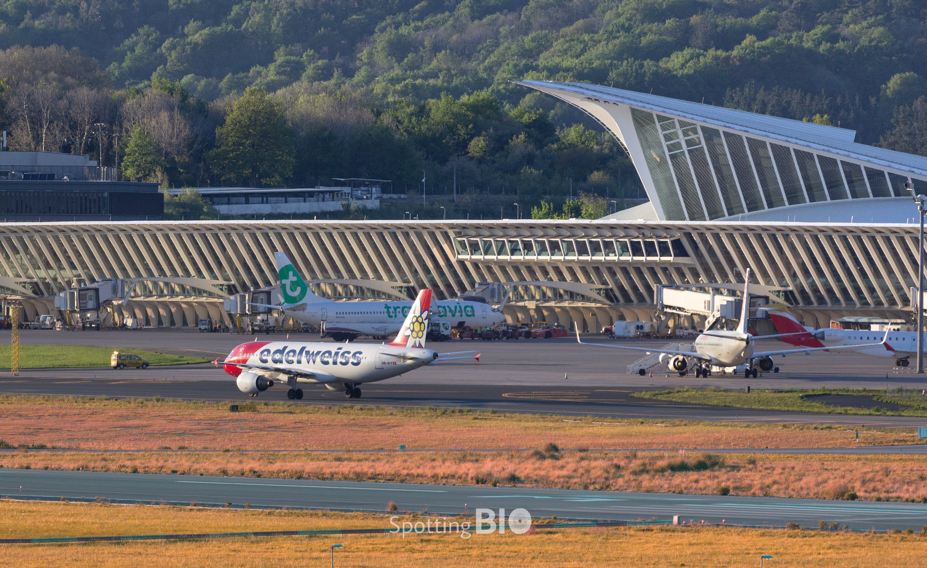 Un avión de Edelweiss en maniobra de rodaje en el aeropuerto de Bilbao. Fuente:  Asier de Prado (@Spotting_Bio)