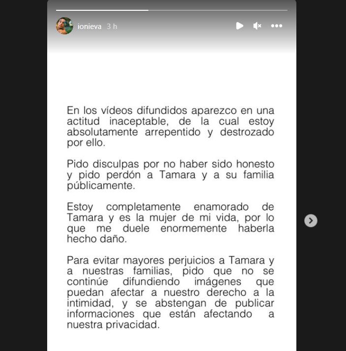 Publicación de Íñigo Onieva en Instagram tras el vídeo en el que se le veía besando a otra mujer