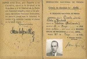 Carnet de periodista de Camilo José Cela. Año 1943.