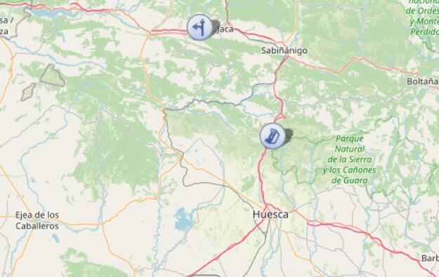 Mapa de la DGT con la información del siniestro vial en la A-23 a la altura del Monrepós y de Arguis