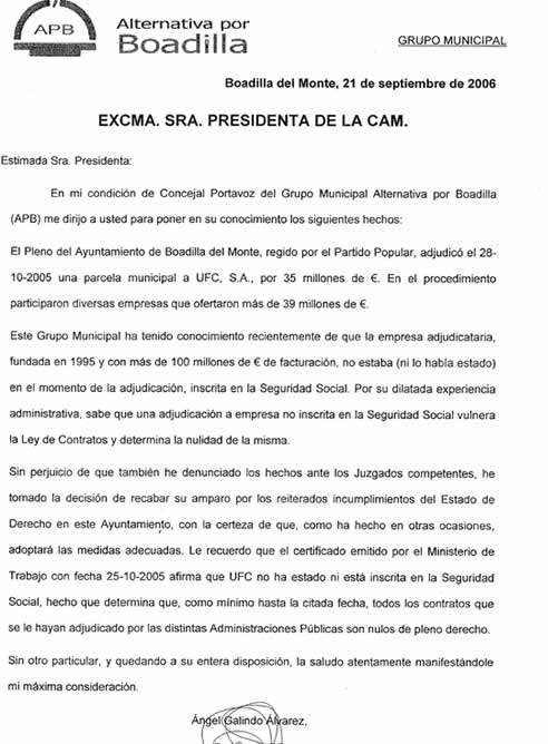 Carta a Esperanza Aguirre del portavoz de APB de Boadilla