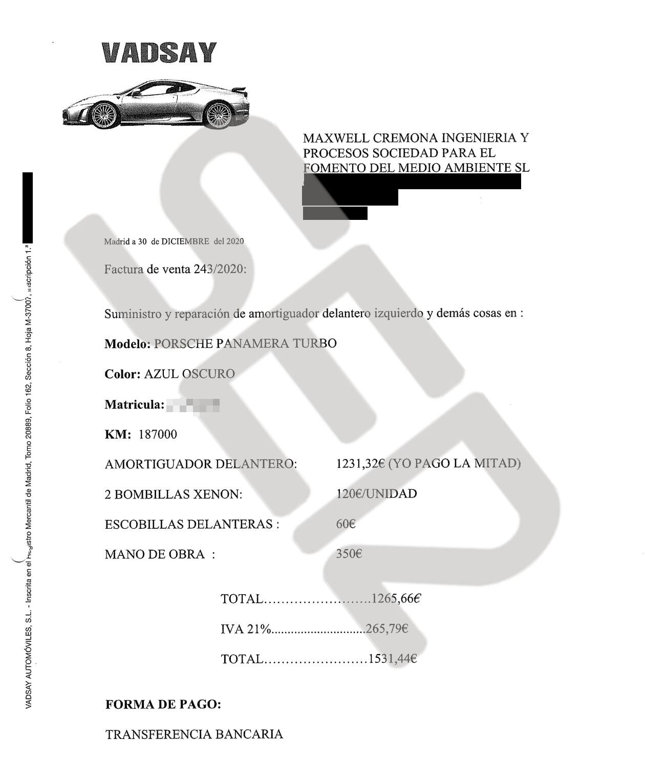 Factura de un Porsche de González Amador.