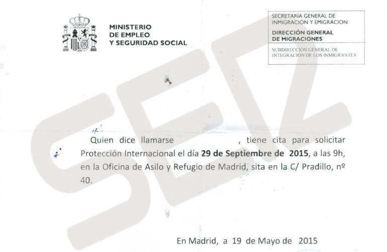 Comprobante de petición de asilo, pedido el día 19 de mayo y que muestra que la cita se concede en el mes de septiembre / CADENA SER