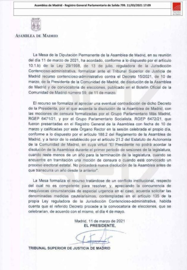 La SER accede al documento del recurso presentado por la Asamblea de Madrid